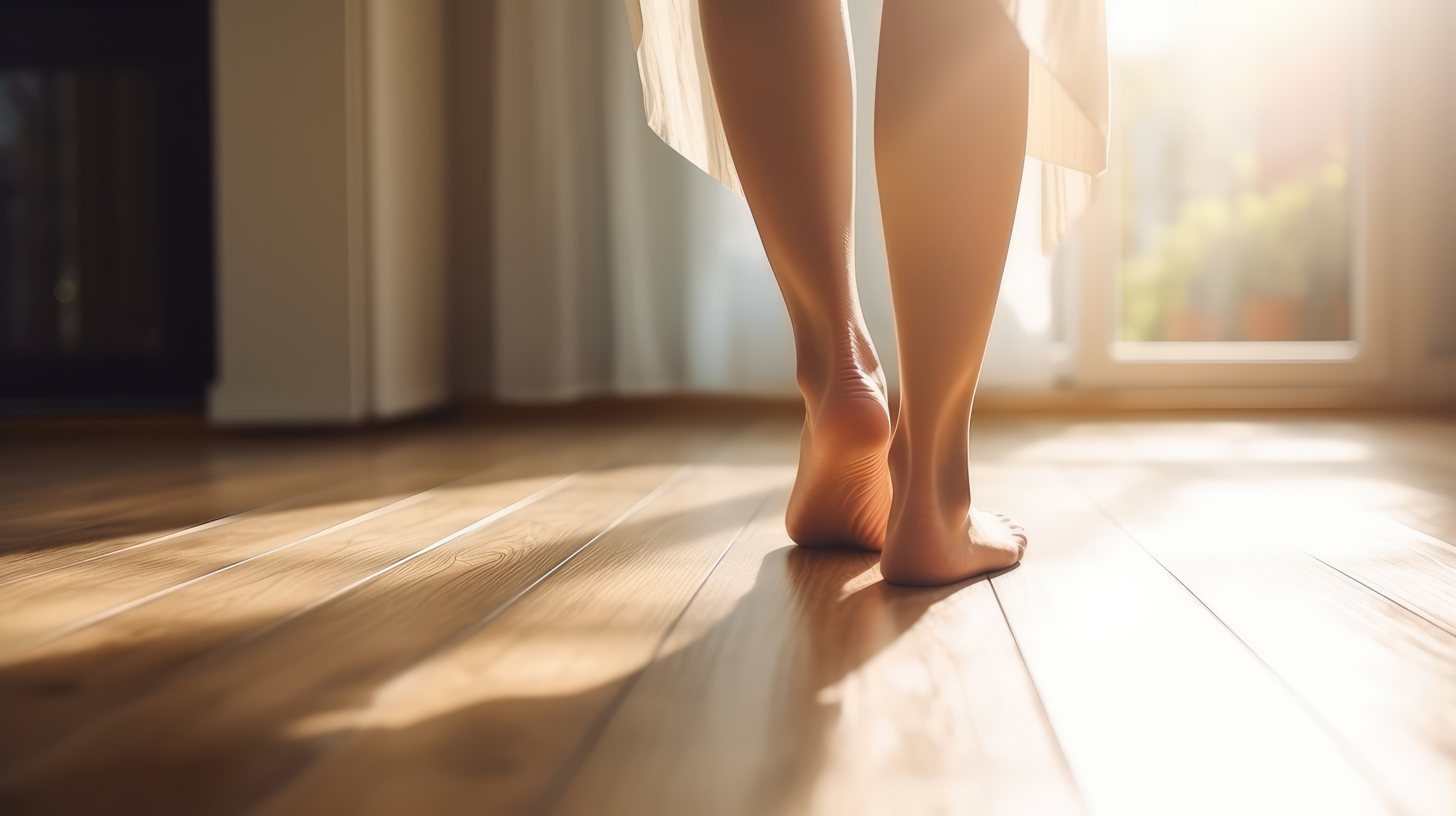 Bare feet walking on a sunlit wooden floor, creating a warm and inviting atmosphere.